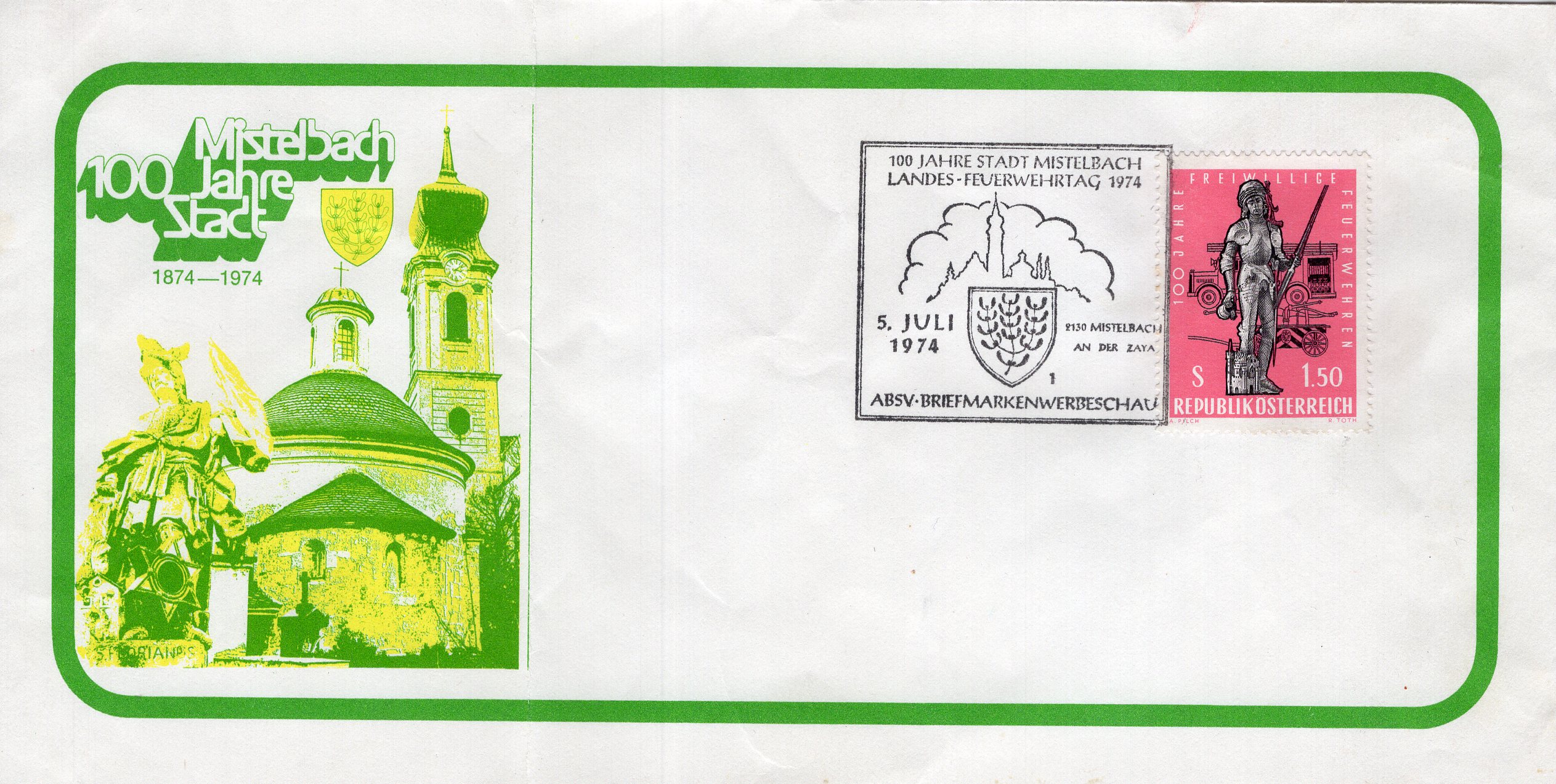 100 лет городу Мистельбах (Австрия. Немаркированный конверт. 1974г.)